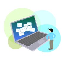 Ilustración un hombre diminuto viendo su computadora portatil con mensajes de correo